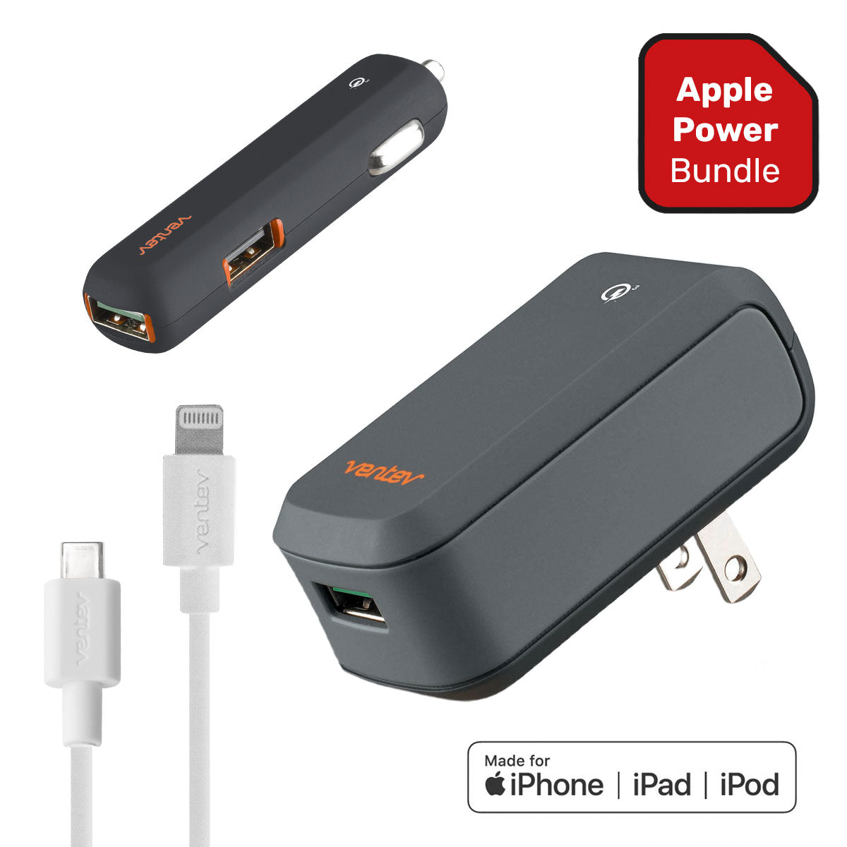 Ventev Power Bundle For Apple Devices - Wall/Car Charger & Cable