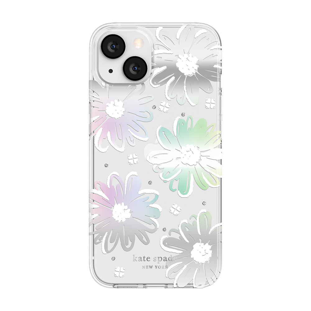 Kate Spade New York Protective Hardshell Case For iPhone 13 - Daisy Iridescent Foil/White/Clear/Gems